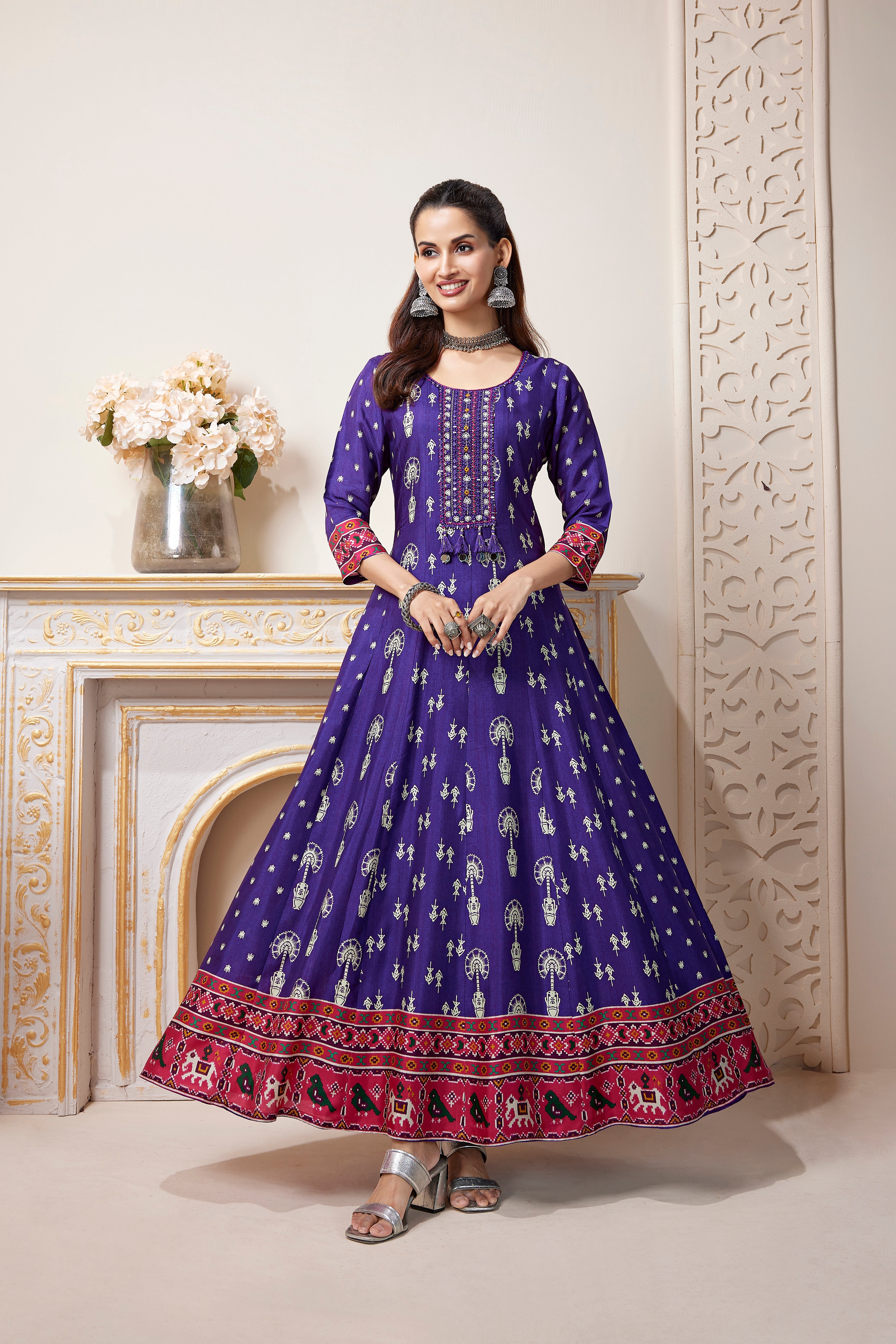 Plum Purple Printed Muslin Silk Anarkali Set