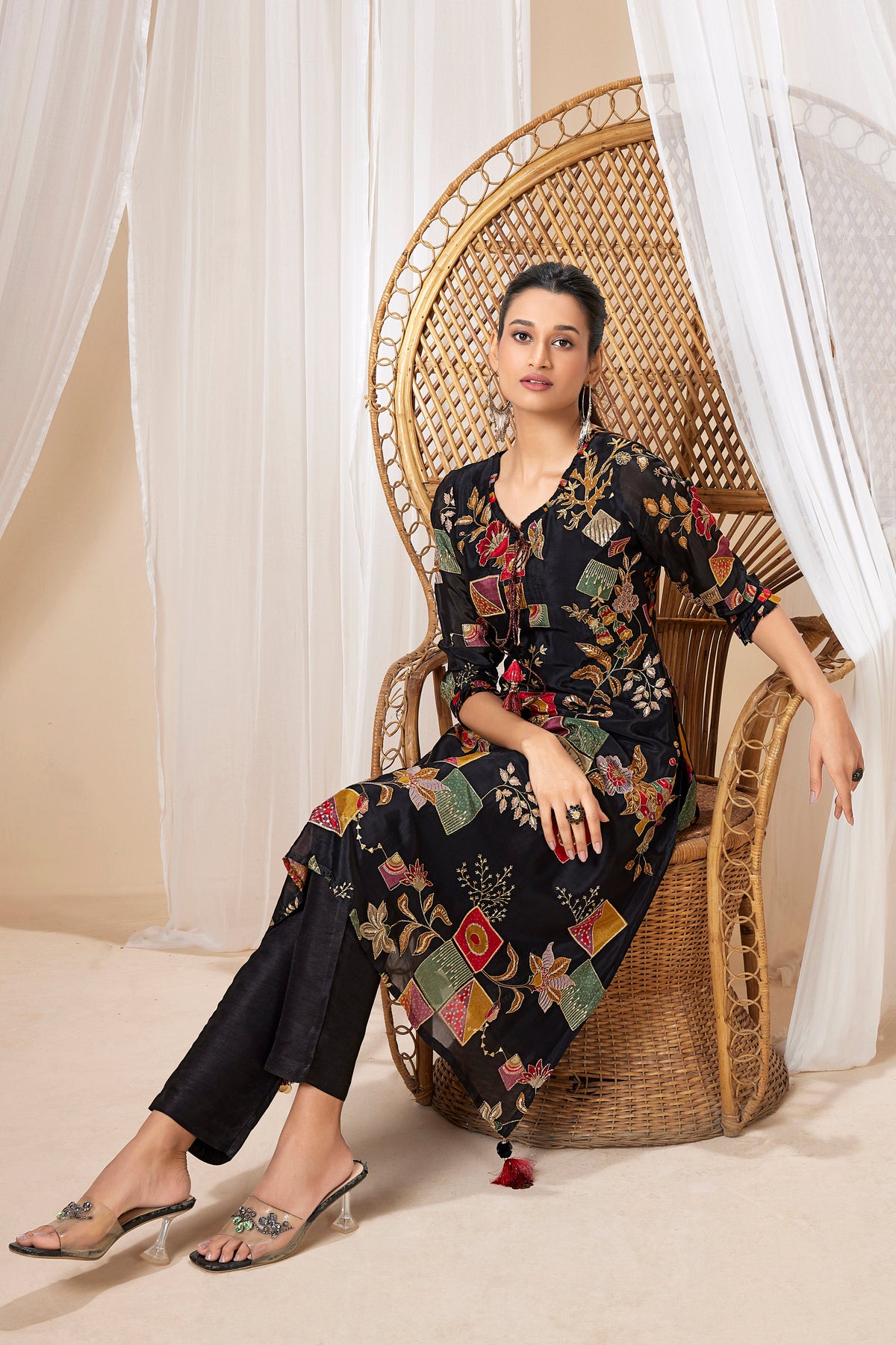 Midnight Black Embellished Raw Silk Pant Set