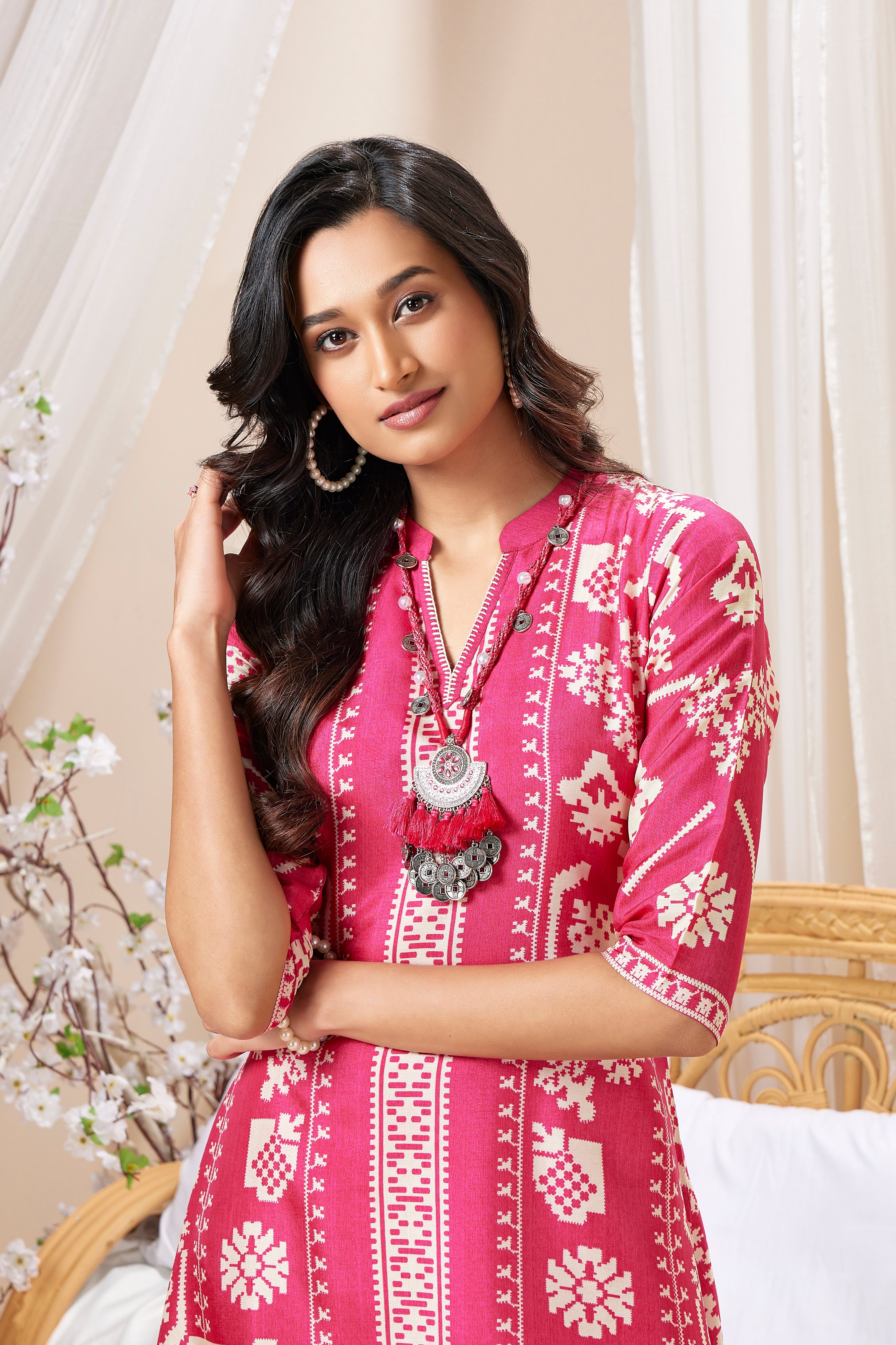 Pink Printed Muslin Silk Kurta Set