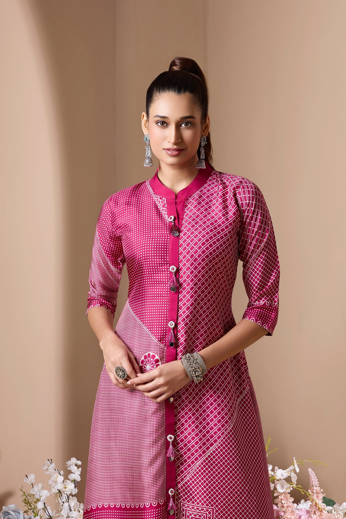 Magenta Pink Printed Crepe Silk Pant Set