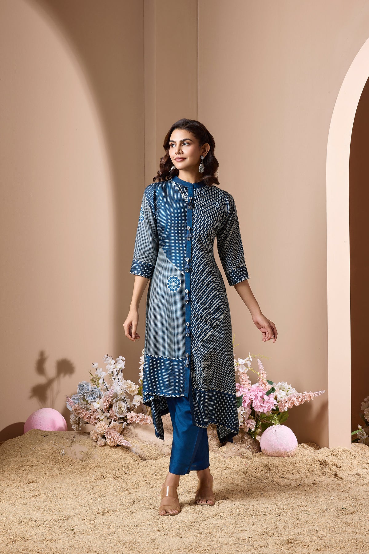 Royal Blue Printed Crepe Silk Pant Set