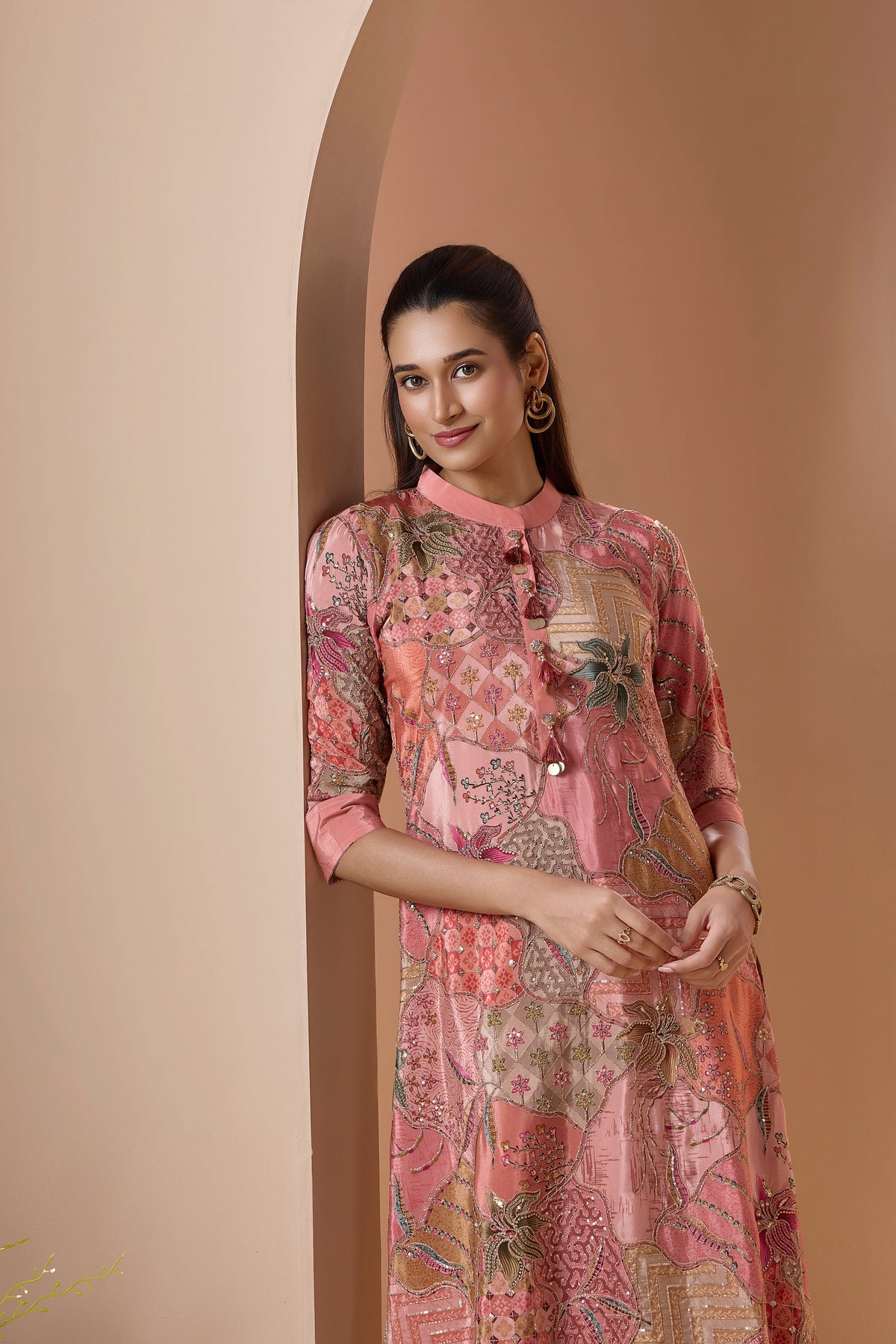 Dusty Pink Embellished Crepe Silk Pant Set