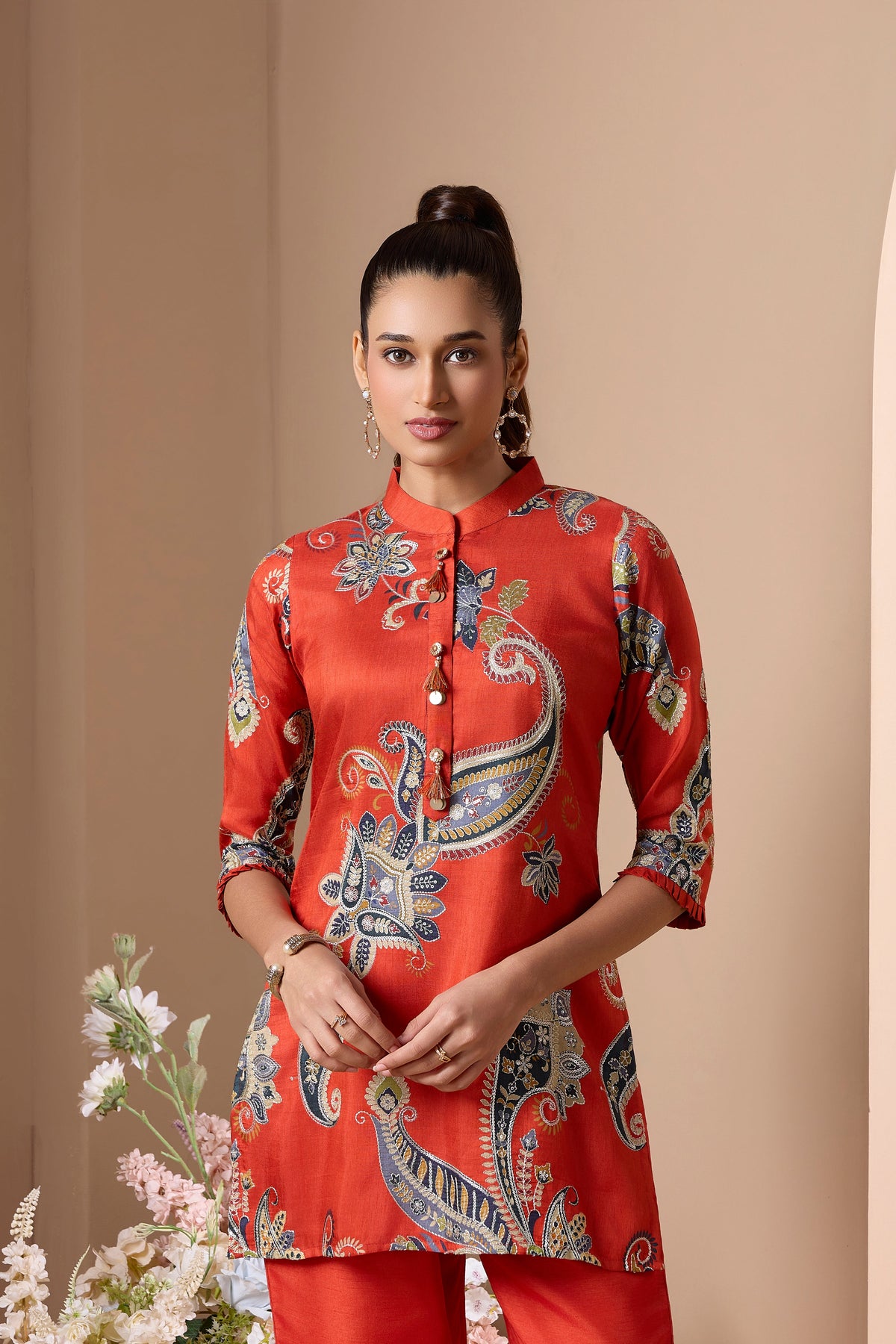 Rust Orange Embellished Raw Silk Co-Ord Set