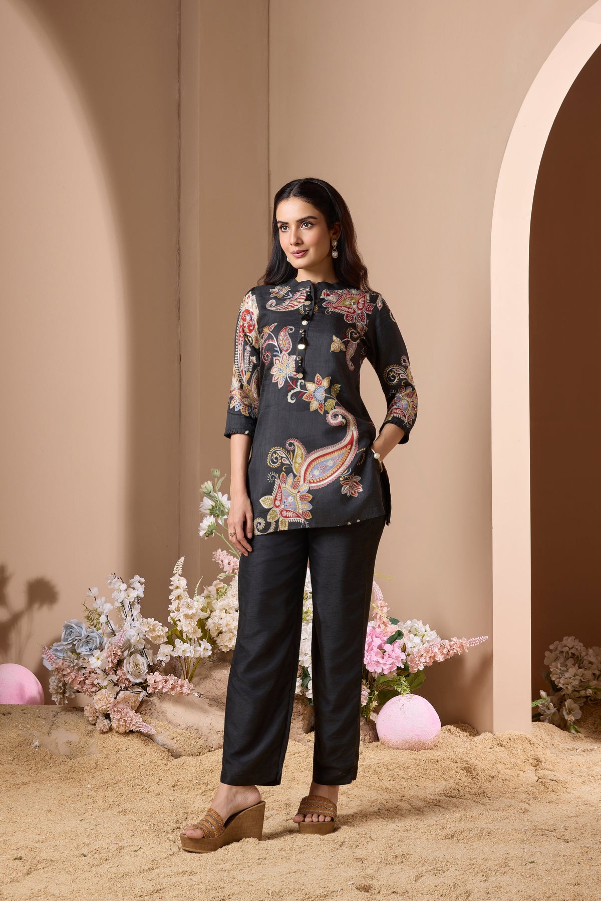 Deep Black Embellished Raw Silk Co-Ord Set