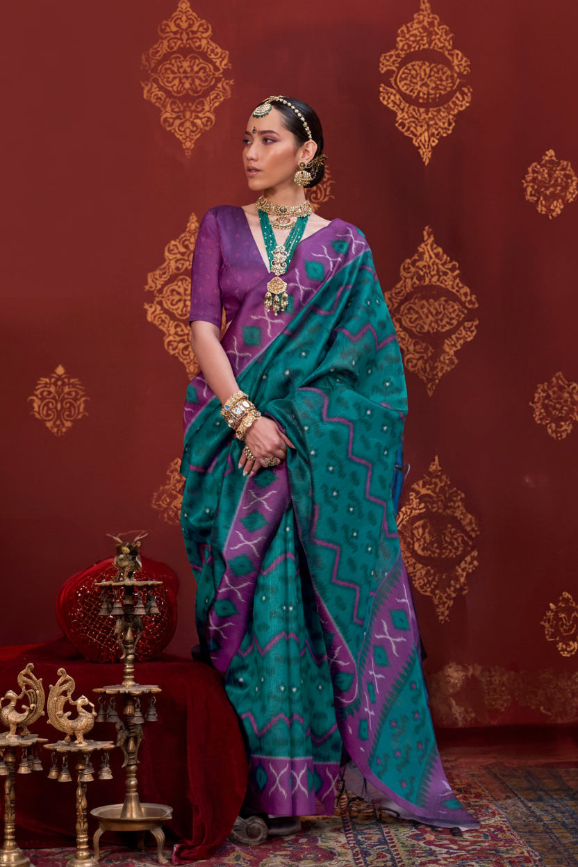 Teal Blue Printed Premium Silk Saree