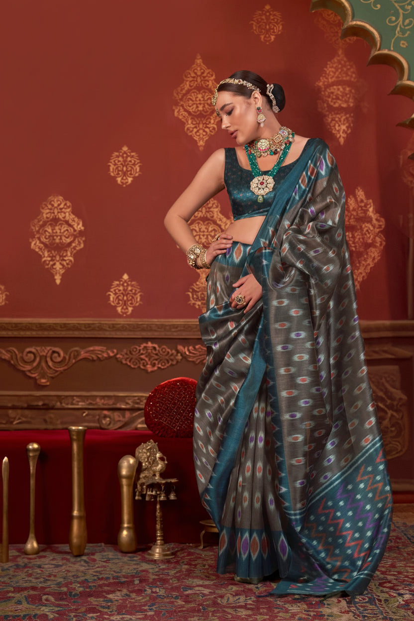 Steel Grey Printed Premium Silk Saree