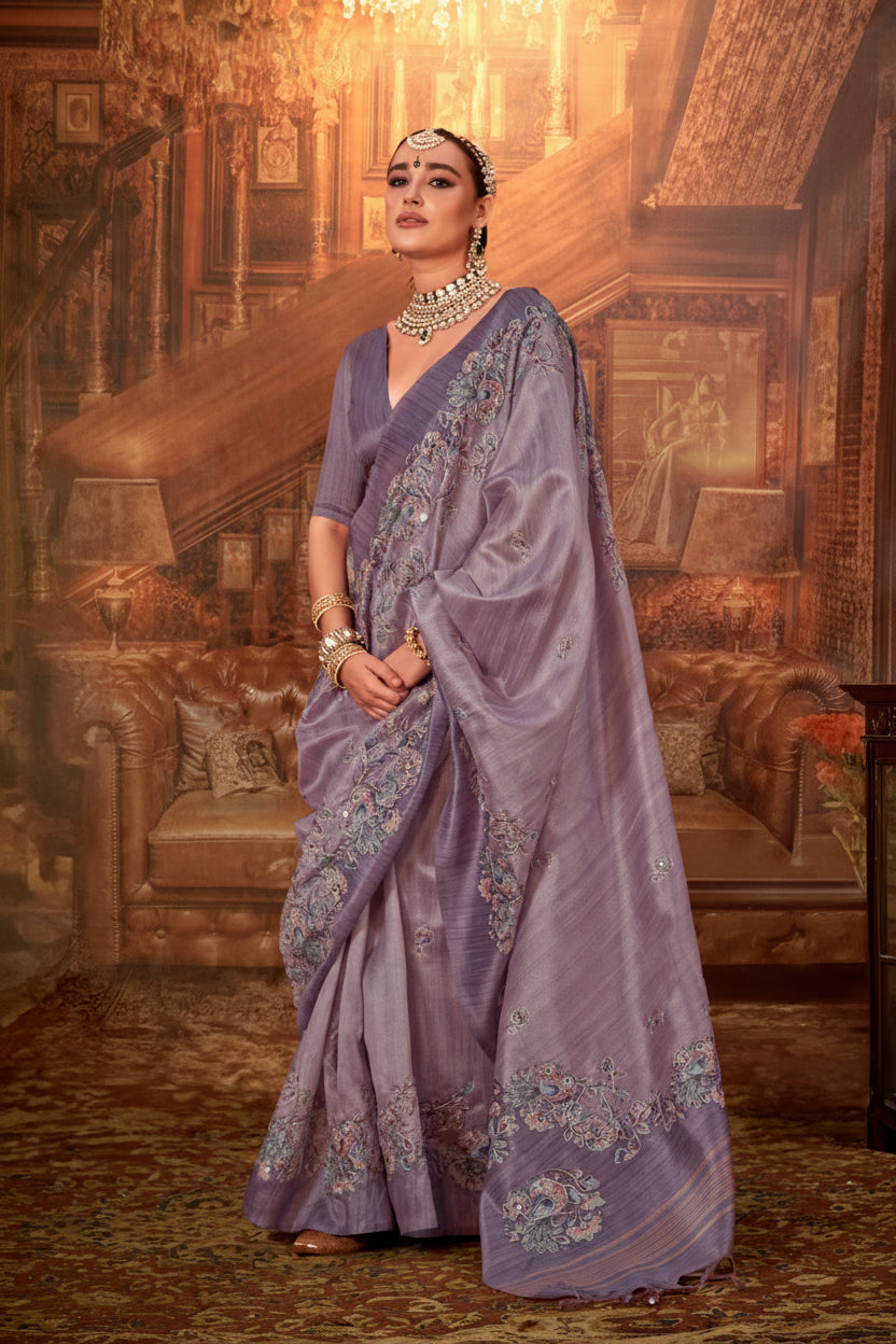 Pastel Purple Printed Tussar Silk Saree