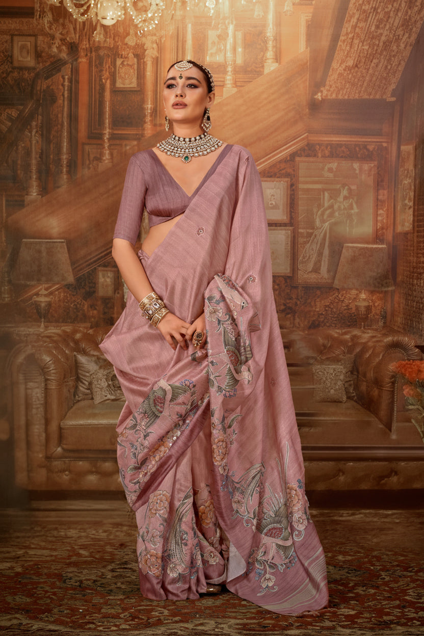Dusty Rose Pink Printed Tussar Silk Saree