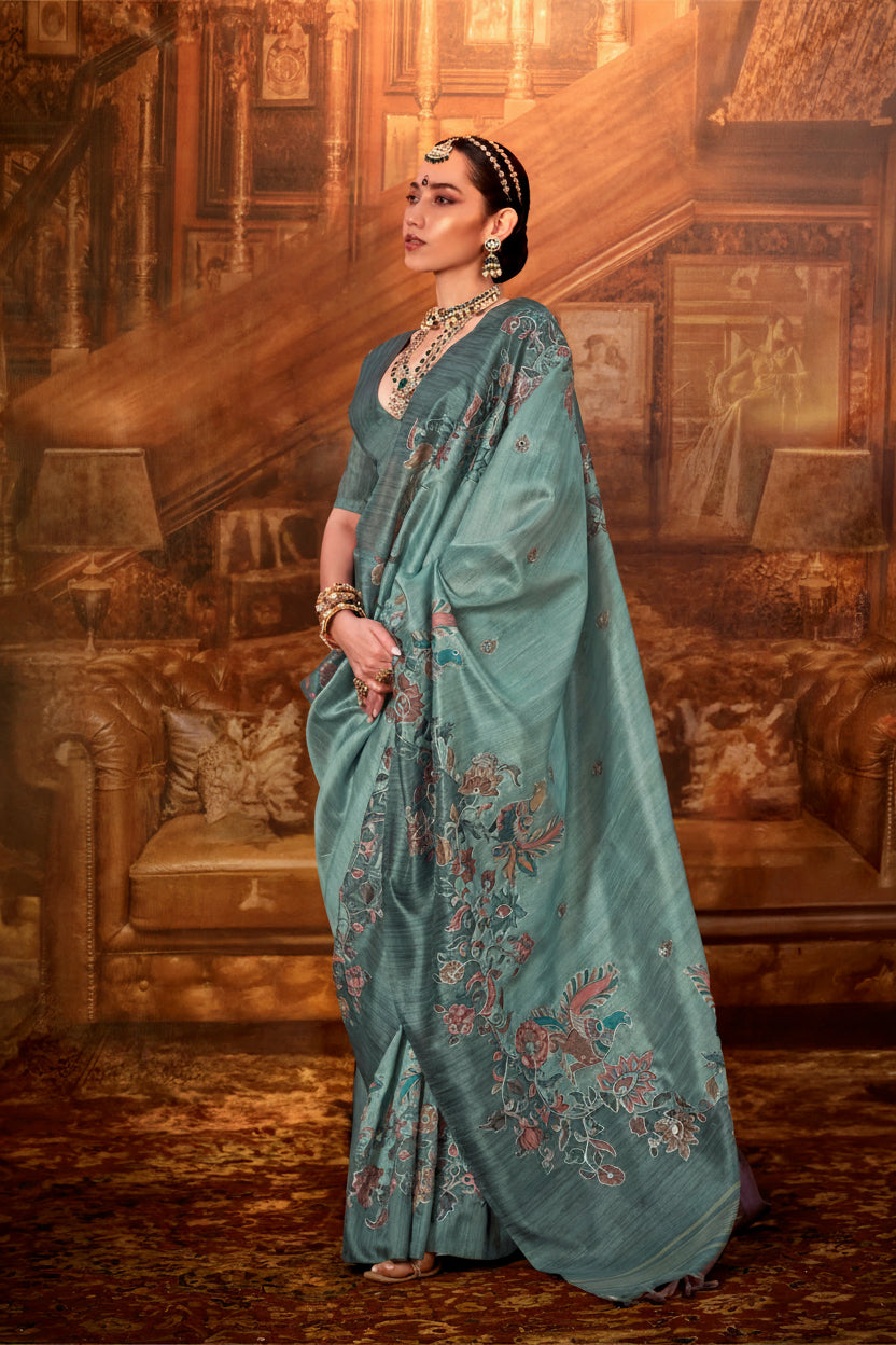 Pine Teal Printed Tussar Silk Saree
