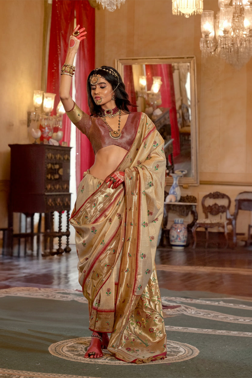 Golden Red Organza Tissue Silk Saree