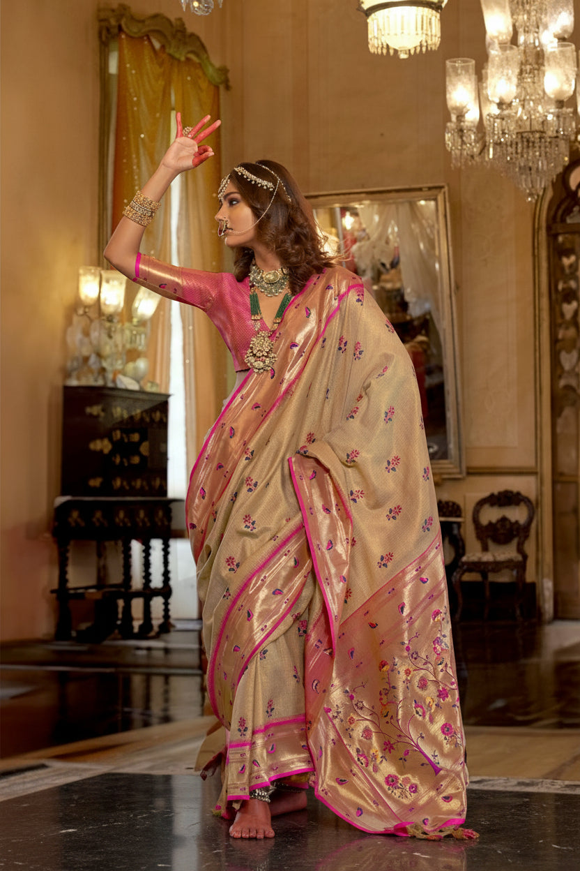 Candy Pink Beige Organza Tissue Silk Saree