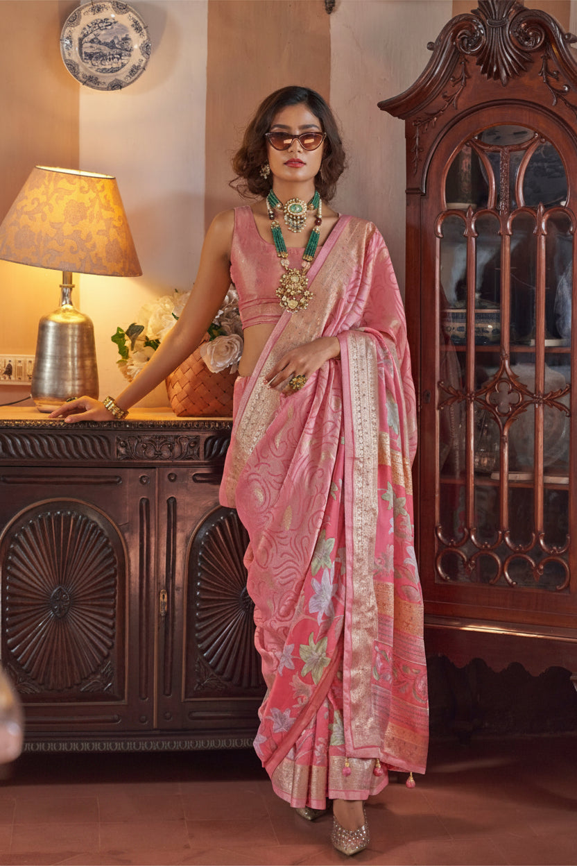 Blush Pink Printed Georgette Silk Saree