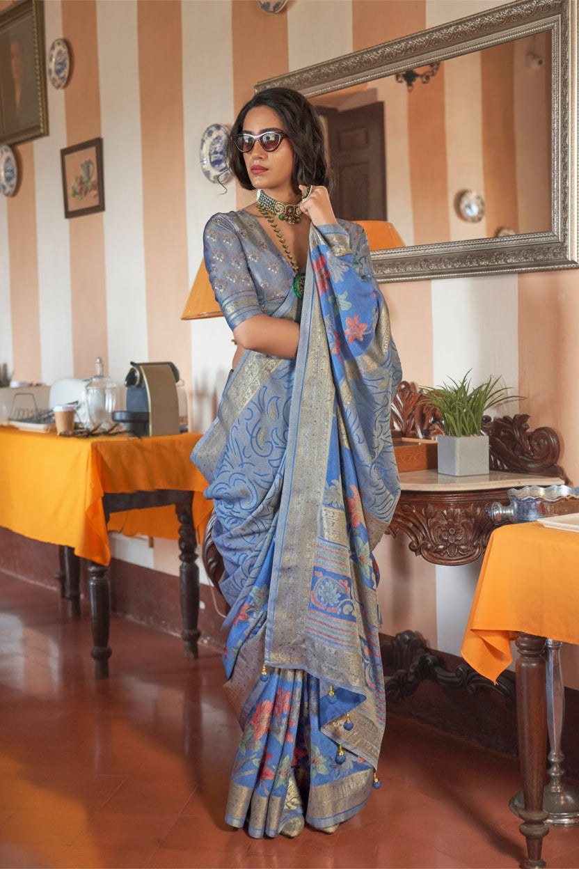 Powder Blue Printed Georgette Silk Saree