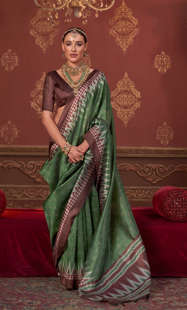 Moss Green Printed Premium Silk Saree