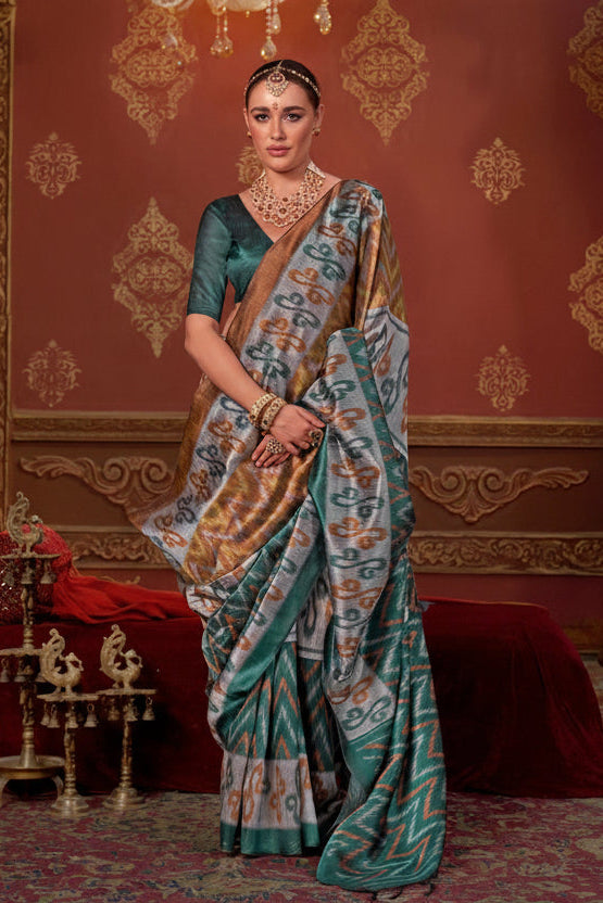 Teal Bronze Printed Premium Silk Saree