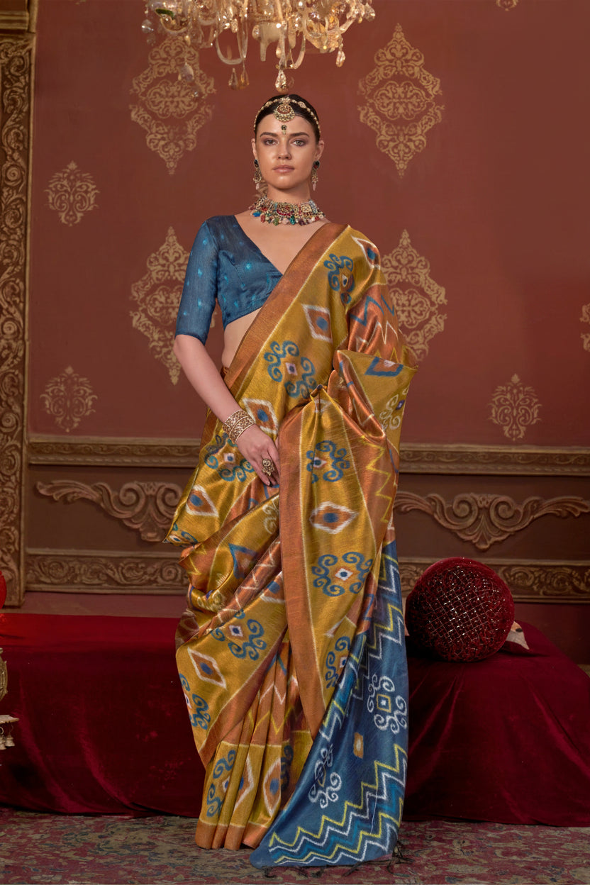 Mustard Teal Printed Premium Silk Saree
