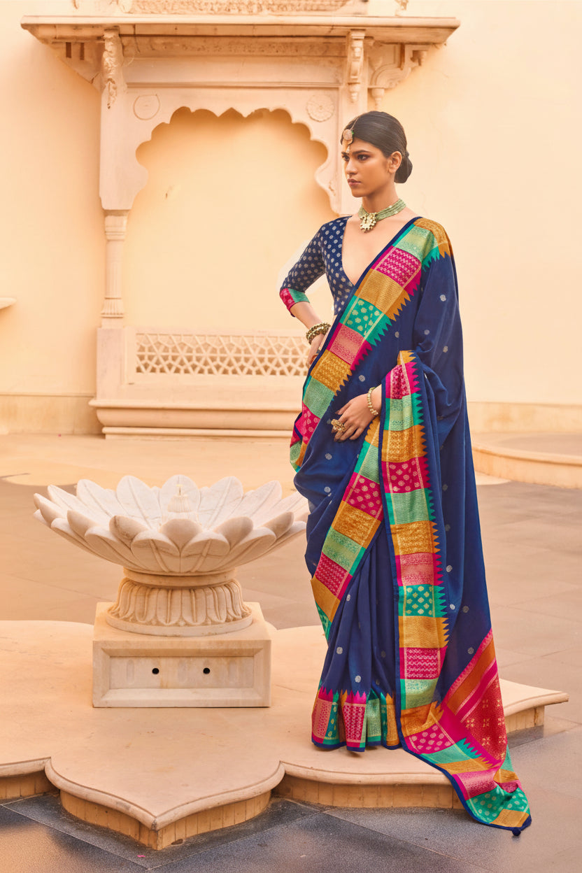 Ink Blue Printed Premium Silk Saree