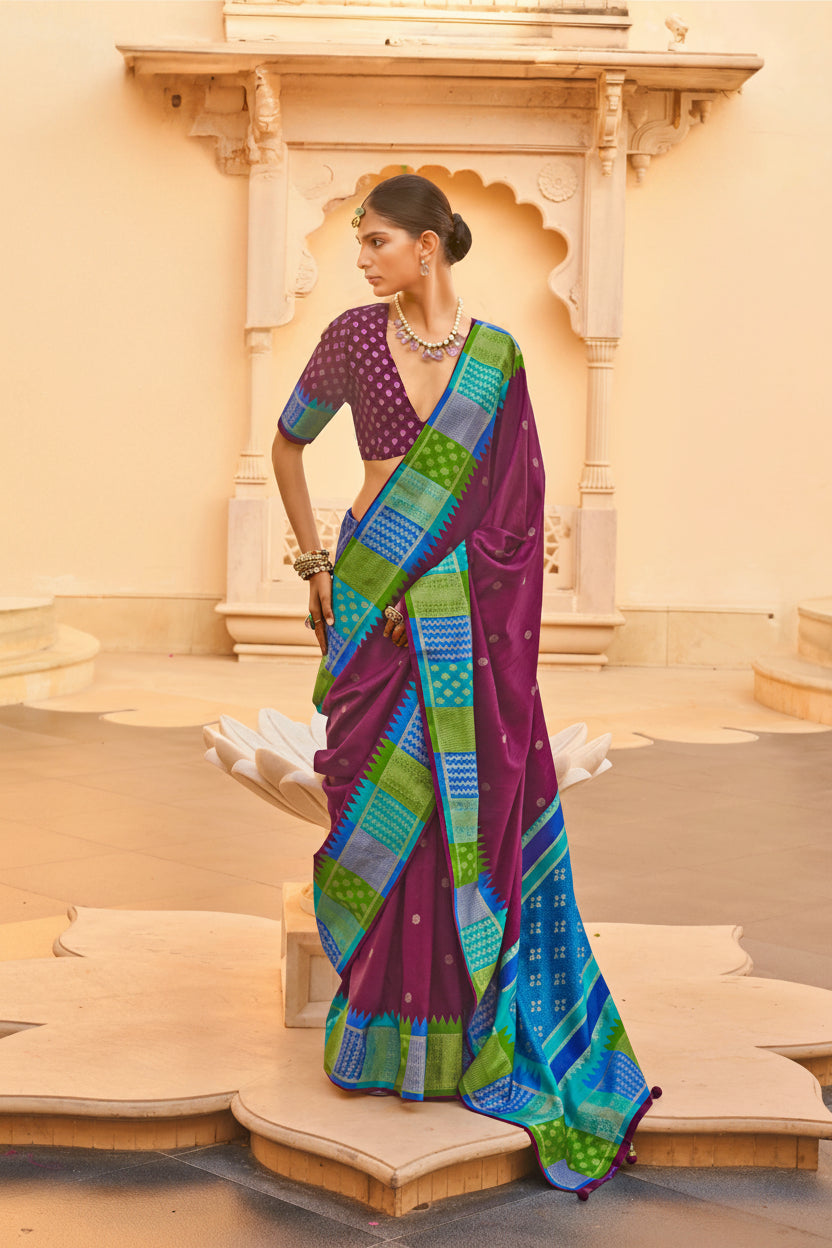 Wine Purple Printed Premium Silk Saree