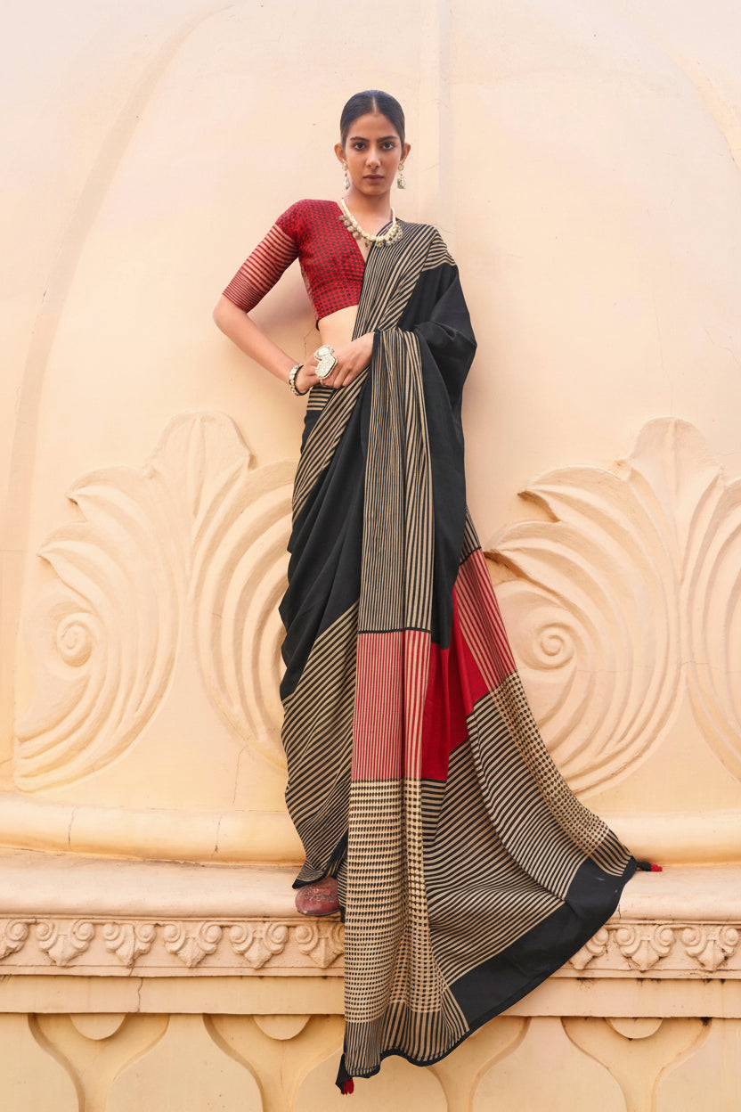 Black Onyx Printed Crepe Silk Saree