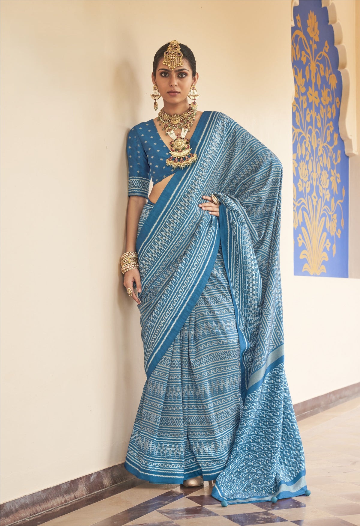 Sky Blue Printed Premium Silk Saree