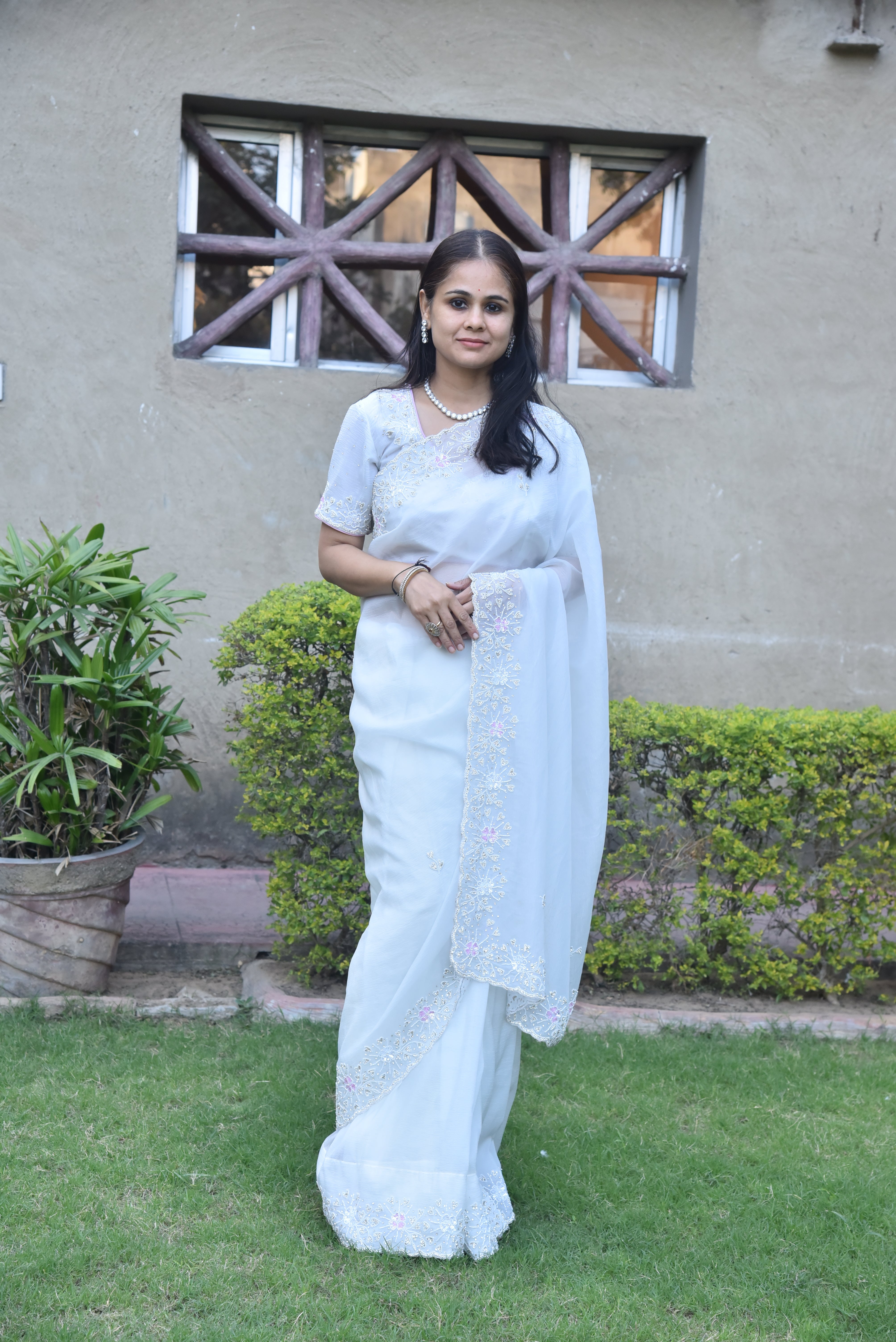 Regal White Embellished Chiffon Silk Saree