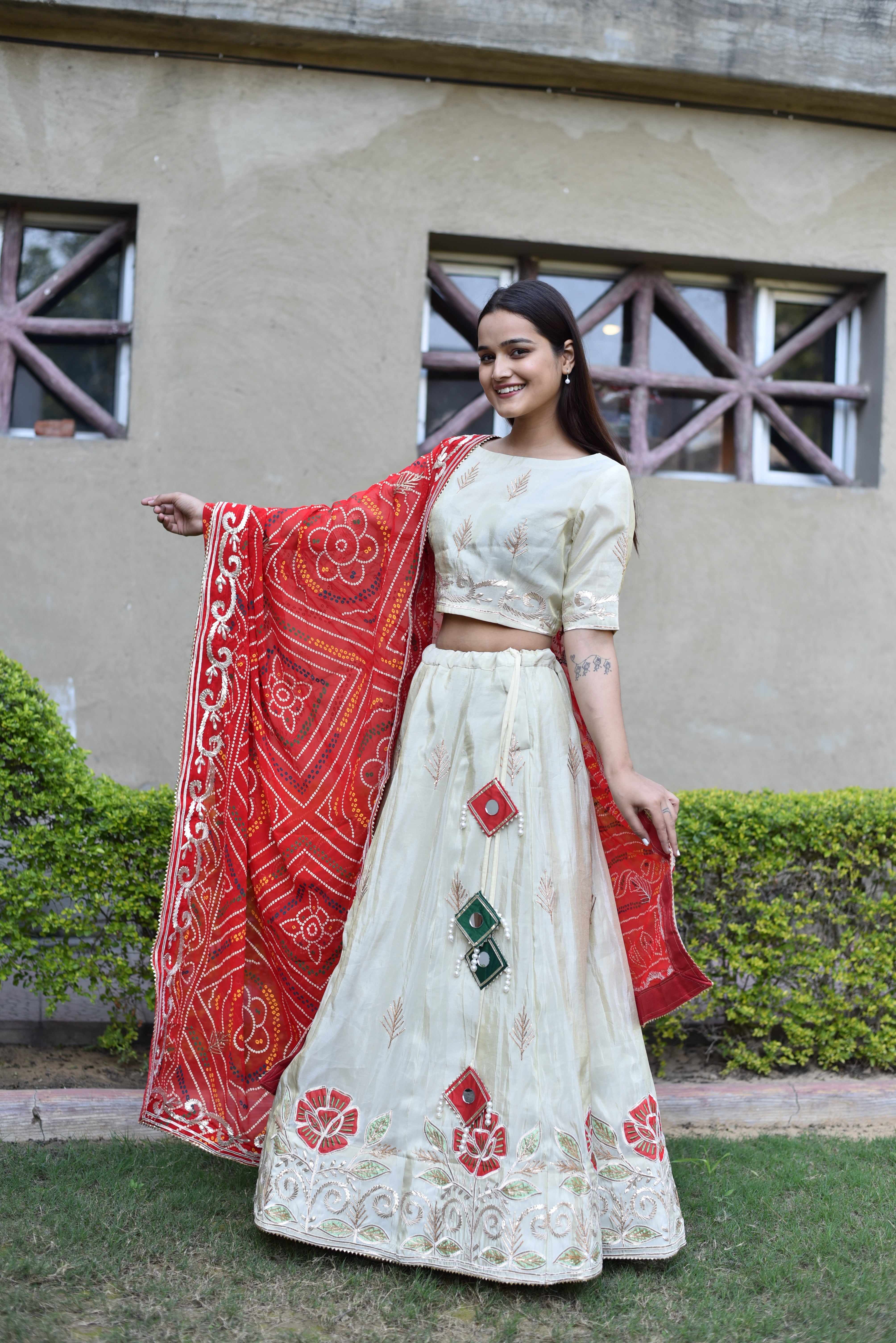 Off White Bandhani Printed Georgette Silk Lehenga Set