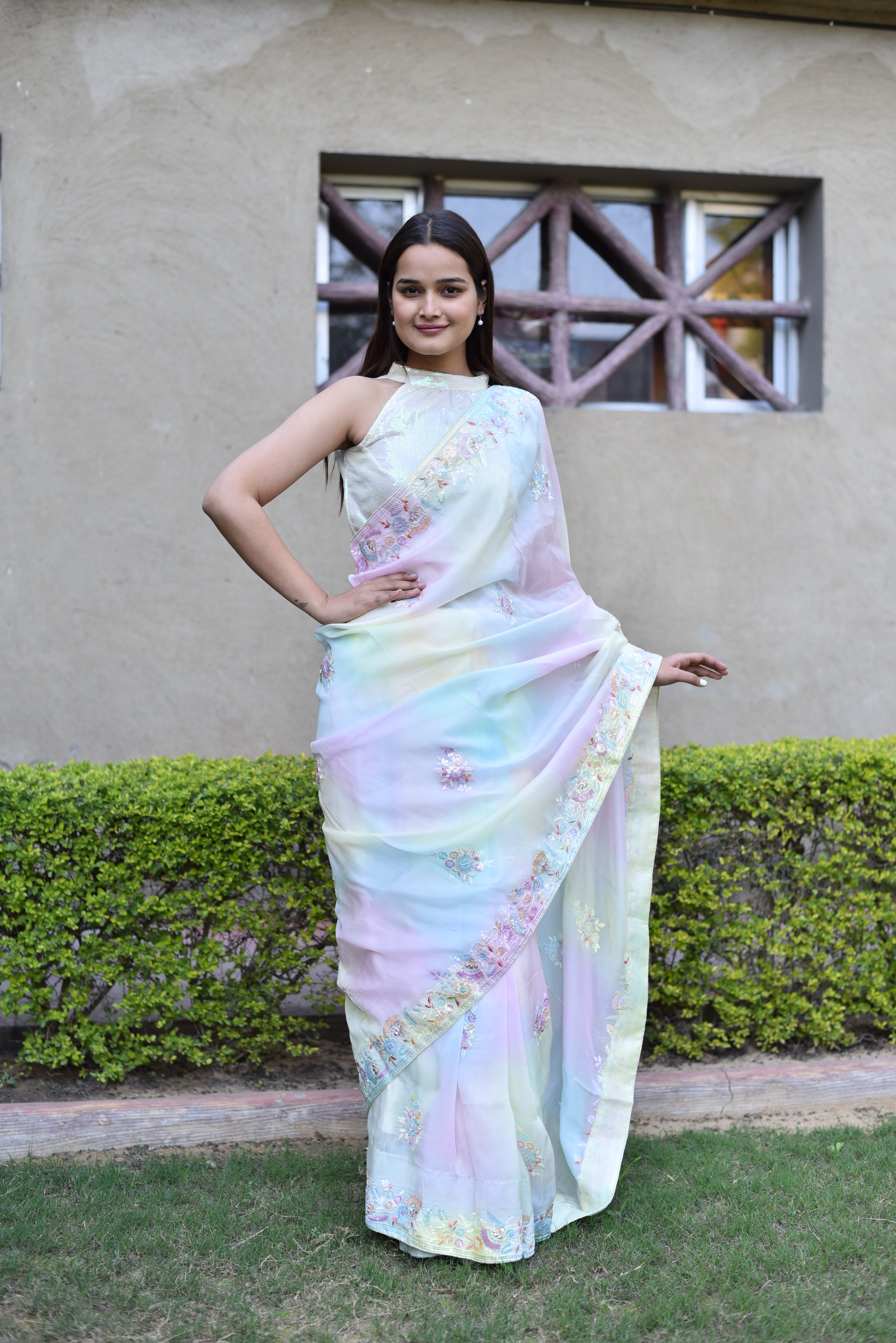 Prismatic Hand Embroidered Pure Organza Silk Saree