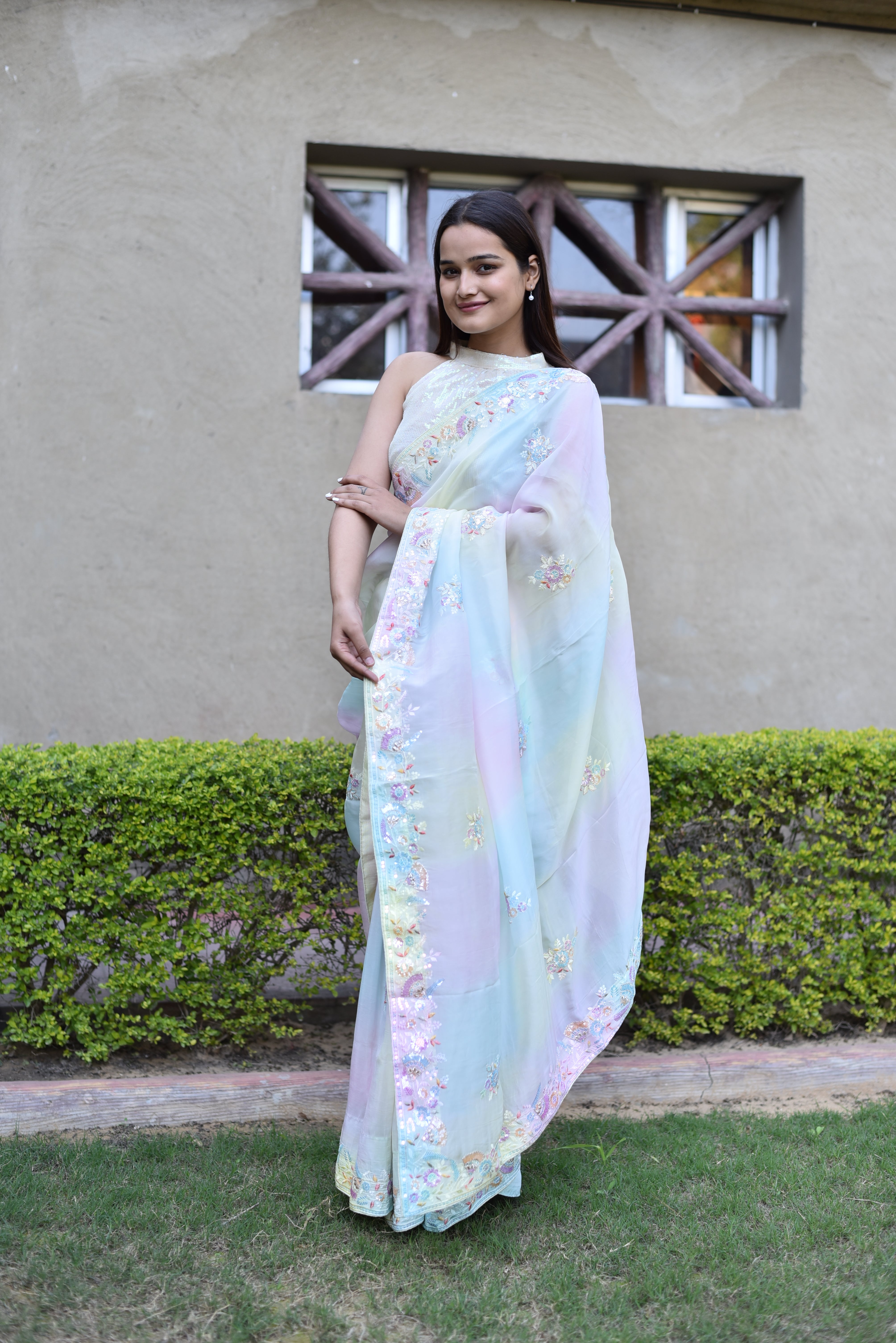 Prismatic Hand Embroidered Pure Organza Silk Saree