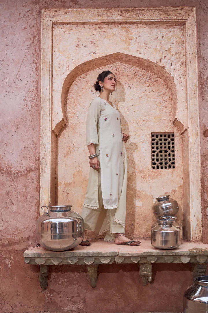 Soft Beige Embroidered Kota Doria Pant Set