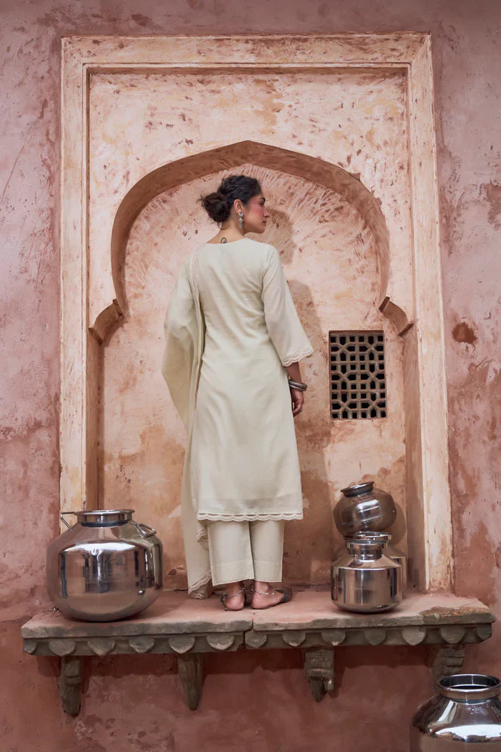 Soft Beige Embroidered Kota Doria Pant Set