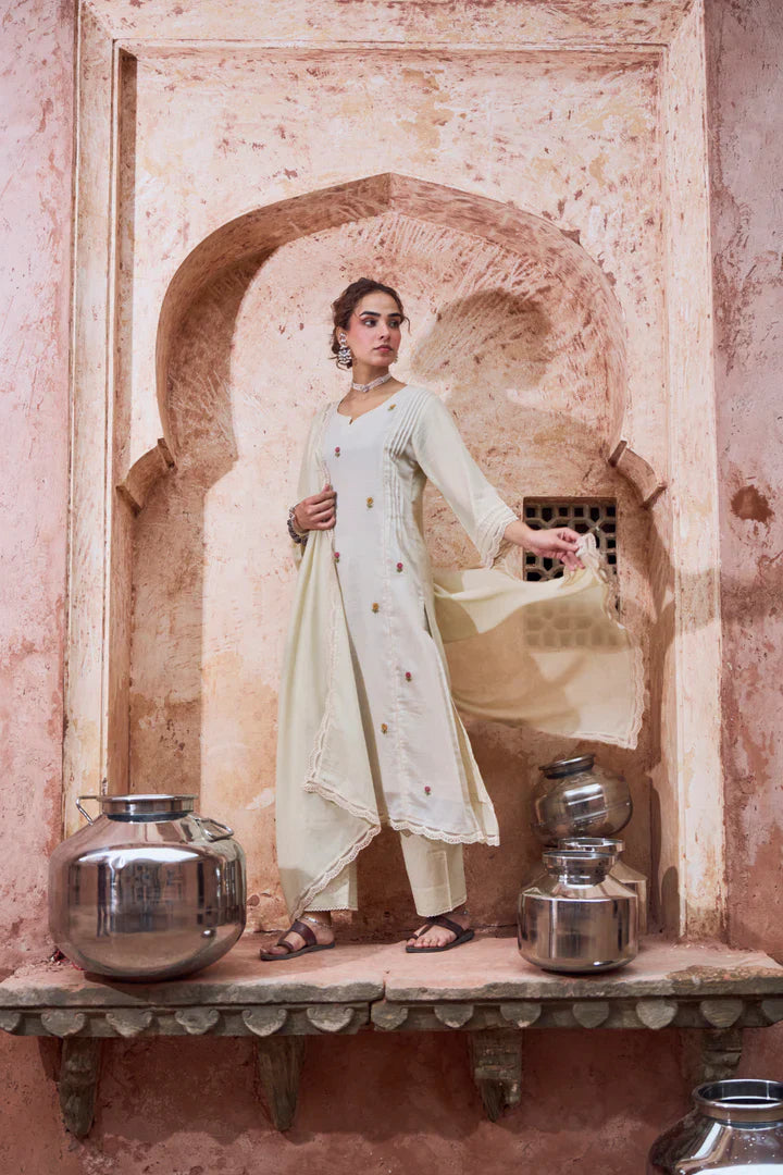 Warm Beige Embroidered Kota Doria Pant Set