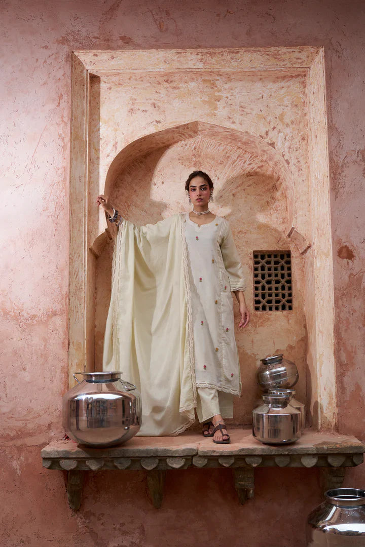 Warm Beige Embroidered Kota Doria Pant Set