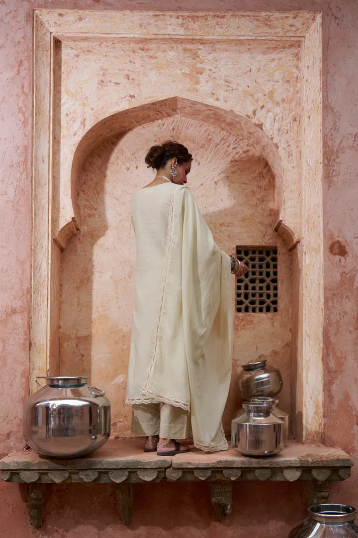 Warm Beige Embroidered Kota Doria Pant Set