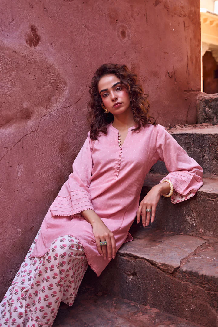 Pastel Pink Mul-Cotton Kurta Set