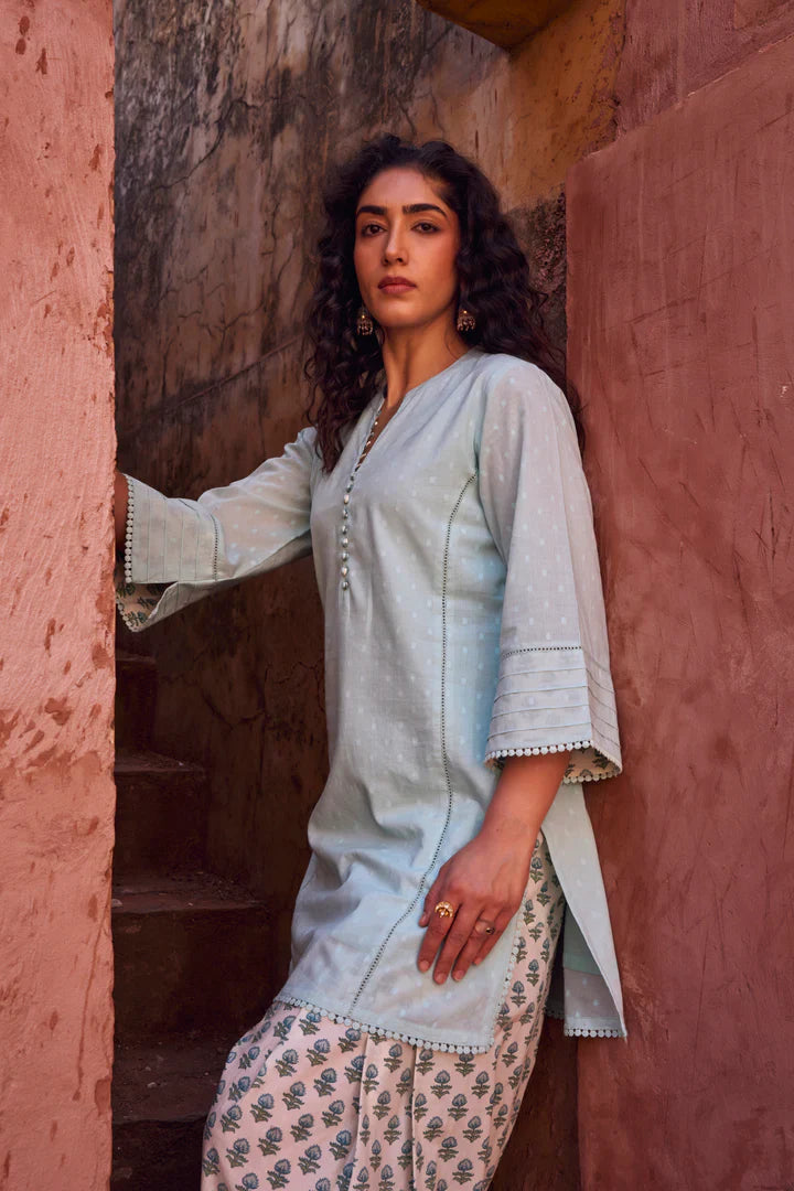 Pastel Blue Mul-Cotton Kurta Set