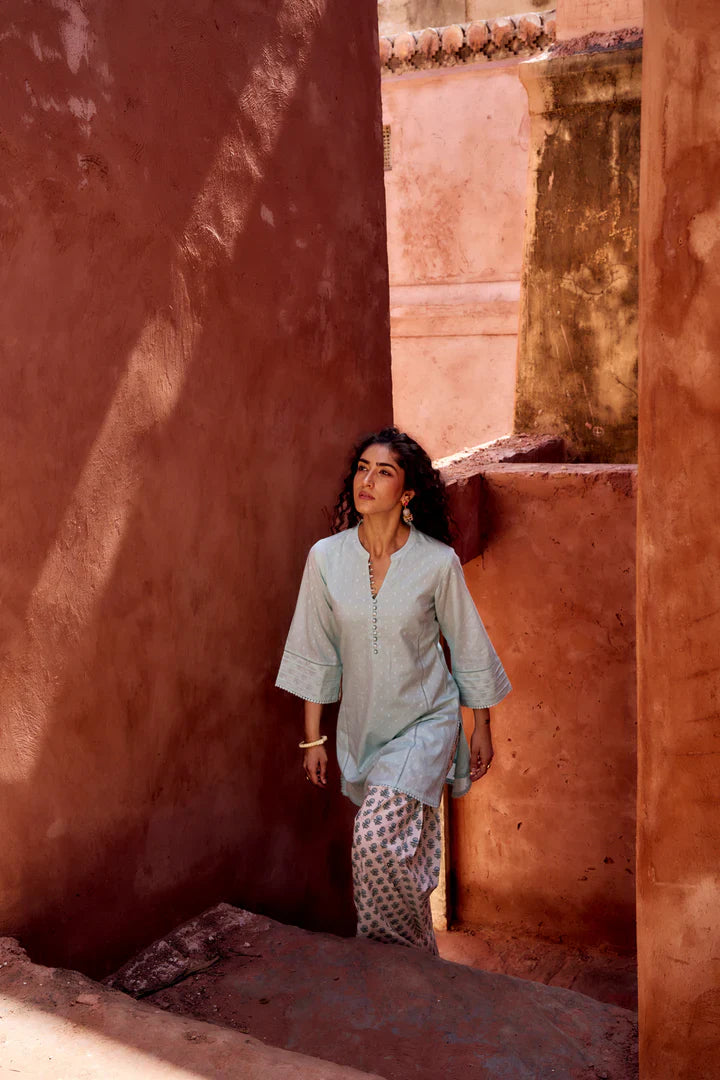 Pastel Blue Mul-Cotton Kurta Set