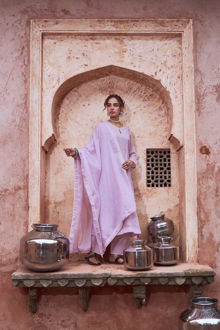 Lilac Beaded Kota Doria Pant Set