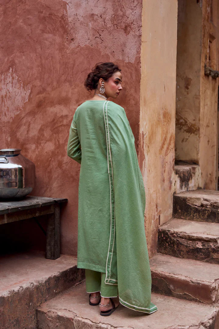 Sage Green Beaded Kota Doria Pant Set
