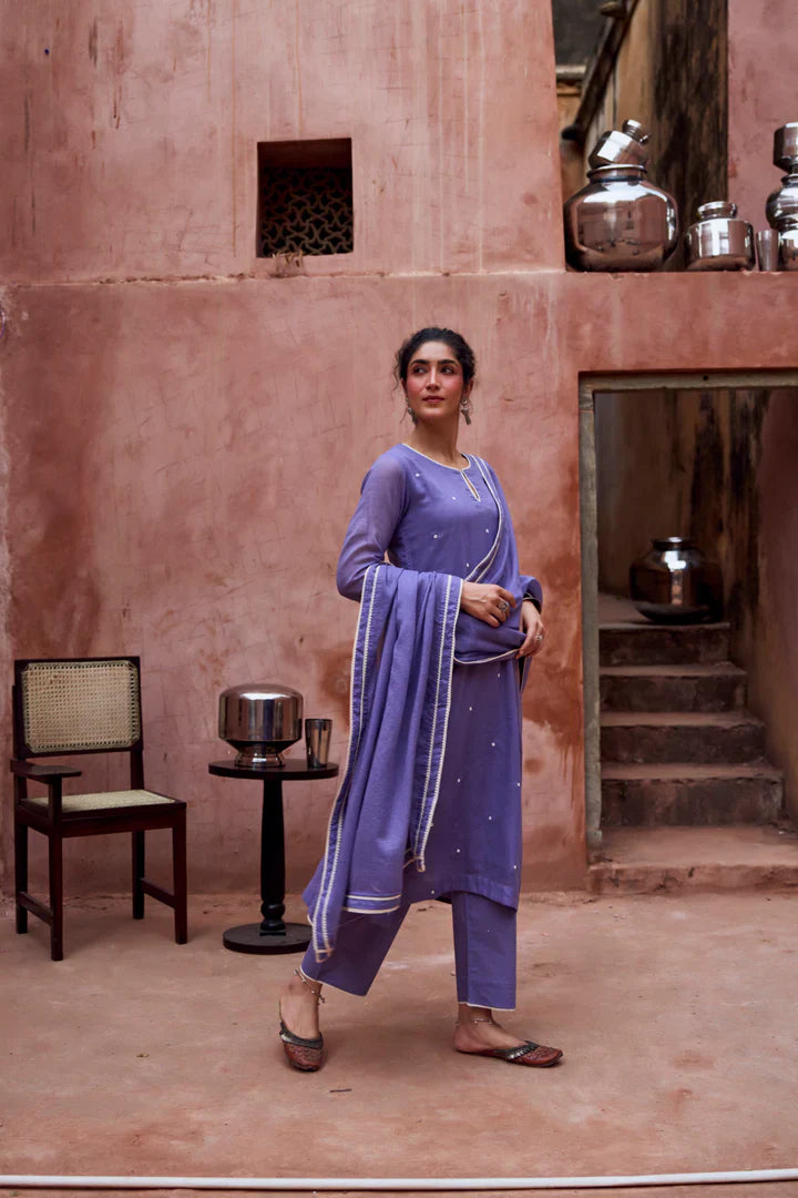 Violet Beaded Kota Doria Pant Set