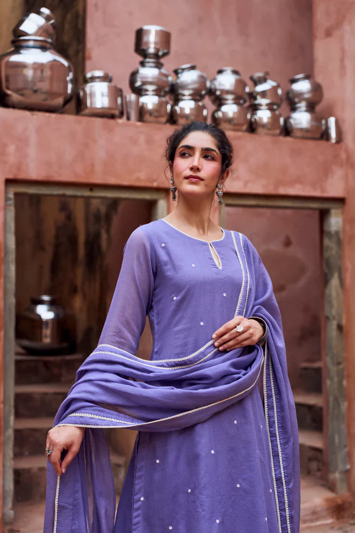 Violet Beaded Kota Doria Pant Set