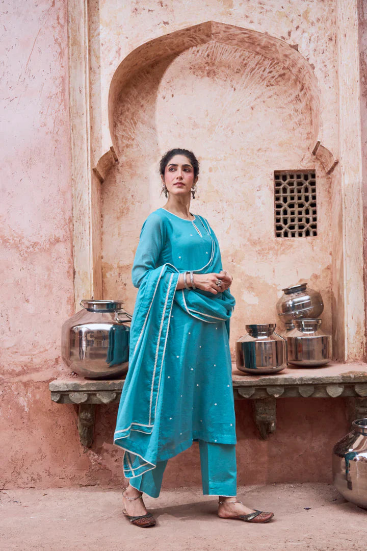 Teal Blue Beaded Kota Doria Pant Set
