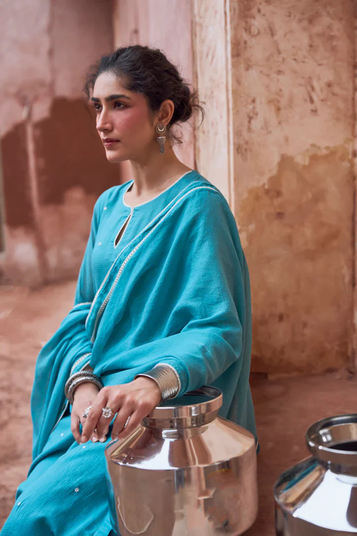 Teal Blue Beaded Kota Doria Pant Set