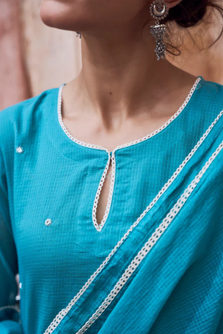 Teal Blue Beaded Kota Doria Pant Set