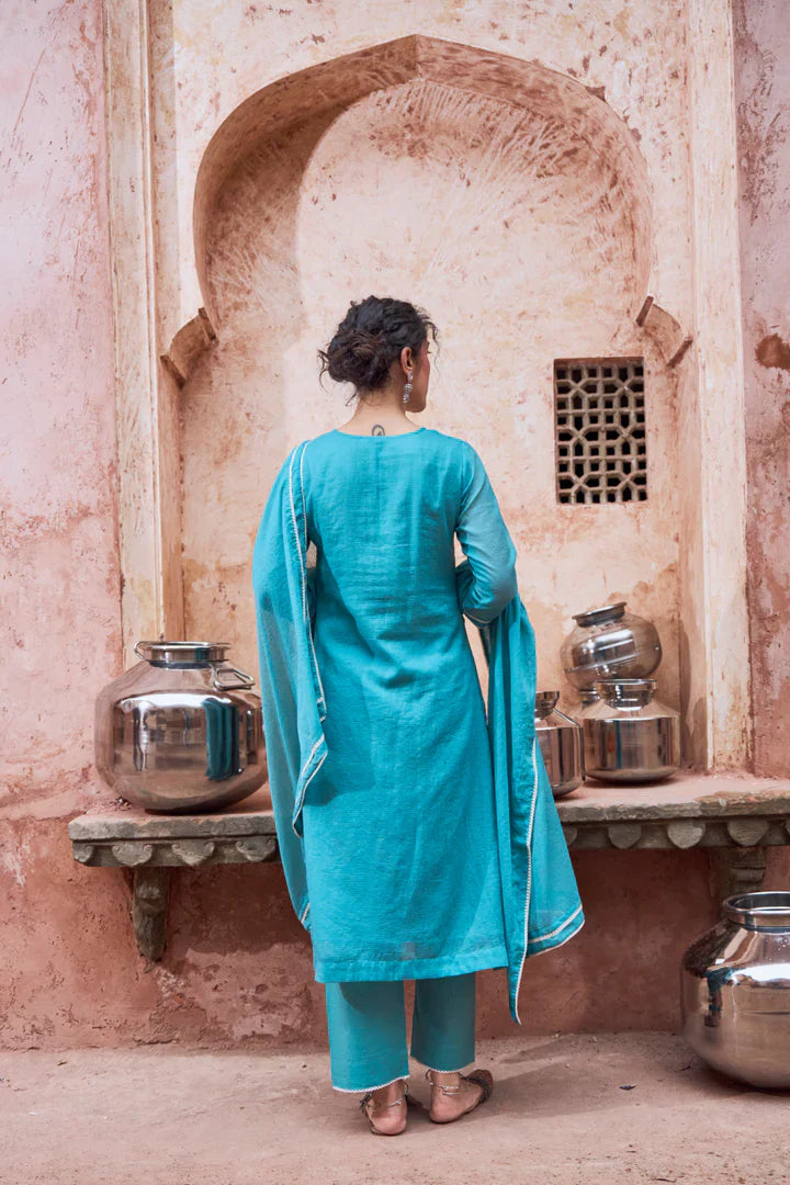 Teal Blue Beaded Kota Doria Pant Set