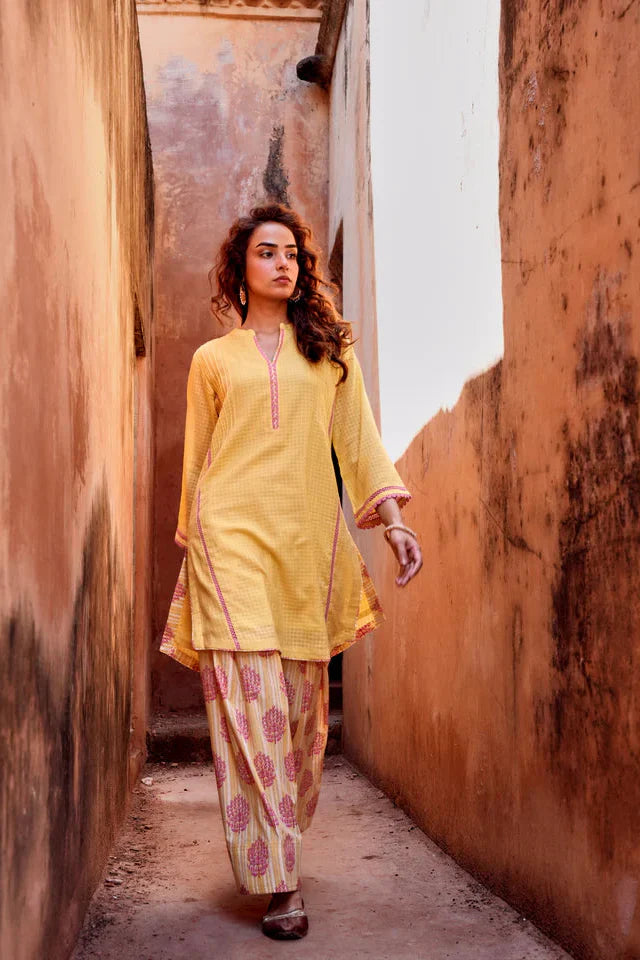 Lemon Yellow Textured Mul-Cotton Kurta Set