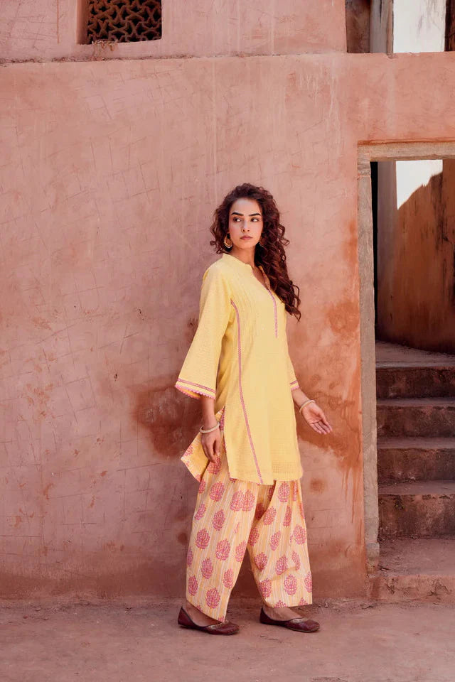 Lemon Yellow Textured Mul-Cotton Kurta Set