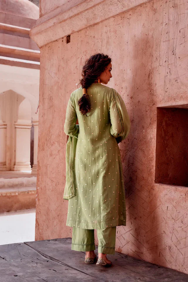 Sage Green Zari Dotted Mul-Cotton Pant Set