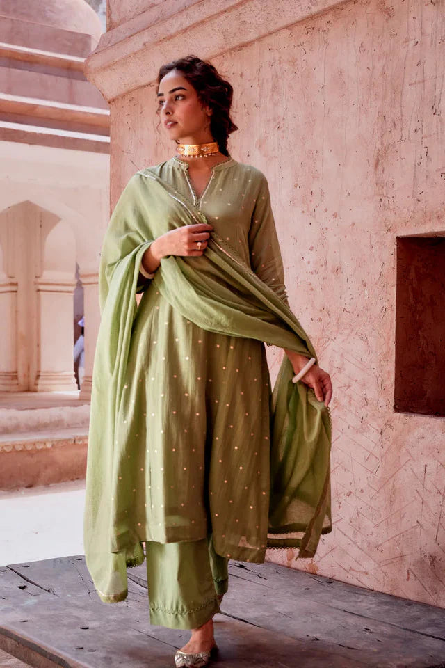 Sage Green Zari Dotted Mul-Cotton Pant Set