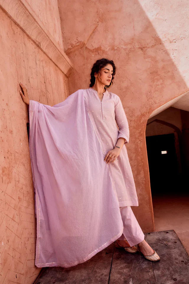 Soft Lilac Zari Dotted Mul-Cotton Pant Set