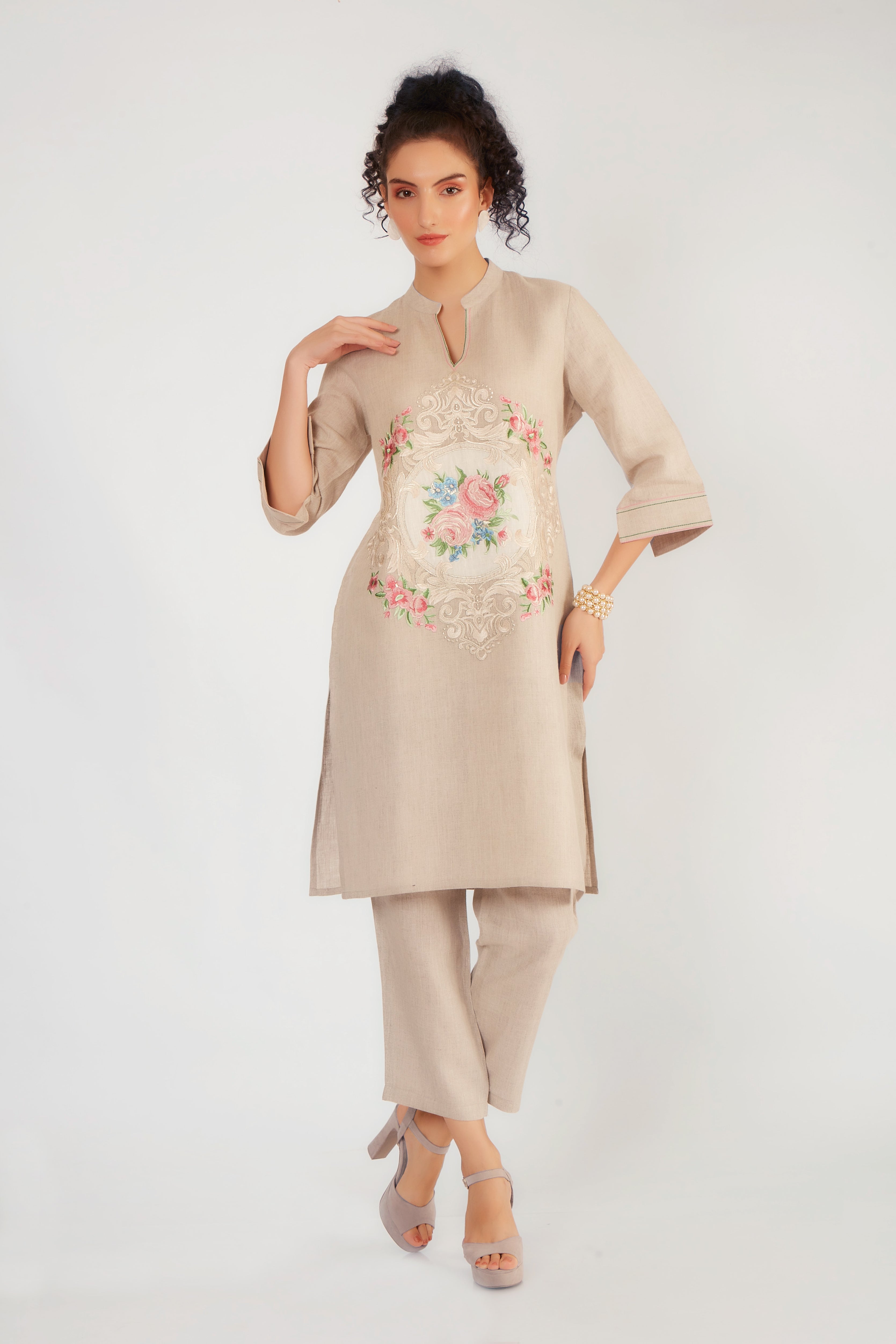 Beige Cream Embroidered Cotton Linen Kurta Set